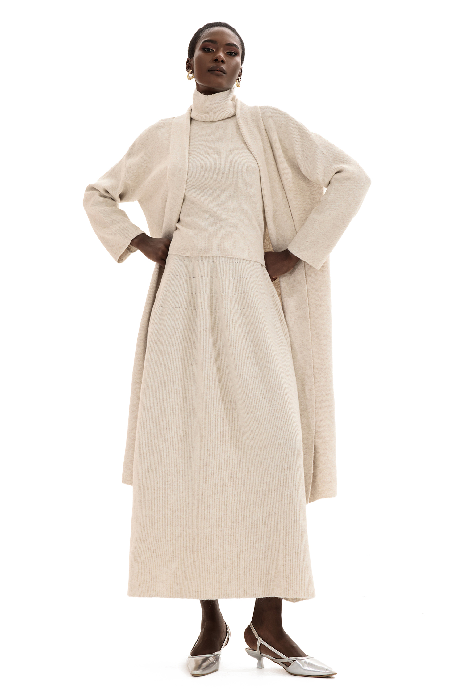 Solid Long Sleeve Cardigan & High Neck Sleeveless Top & Mid Rise Ruffle Hem Maxi Skirt Three-Piece Set