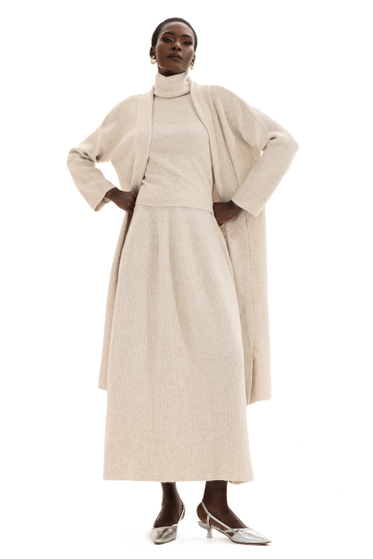 Solid Long Sleeve Cardigan & High Neck Sleeveless Top & Mid Rise Ruffle Hem Maxi Skirt Three-Piece Set