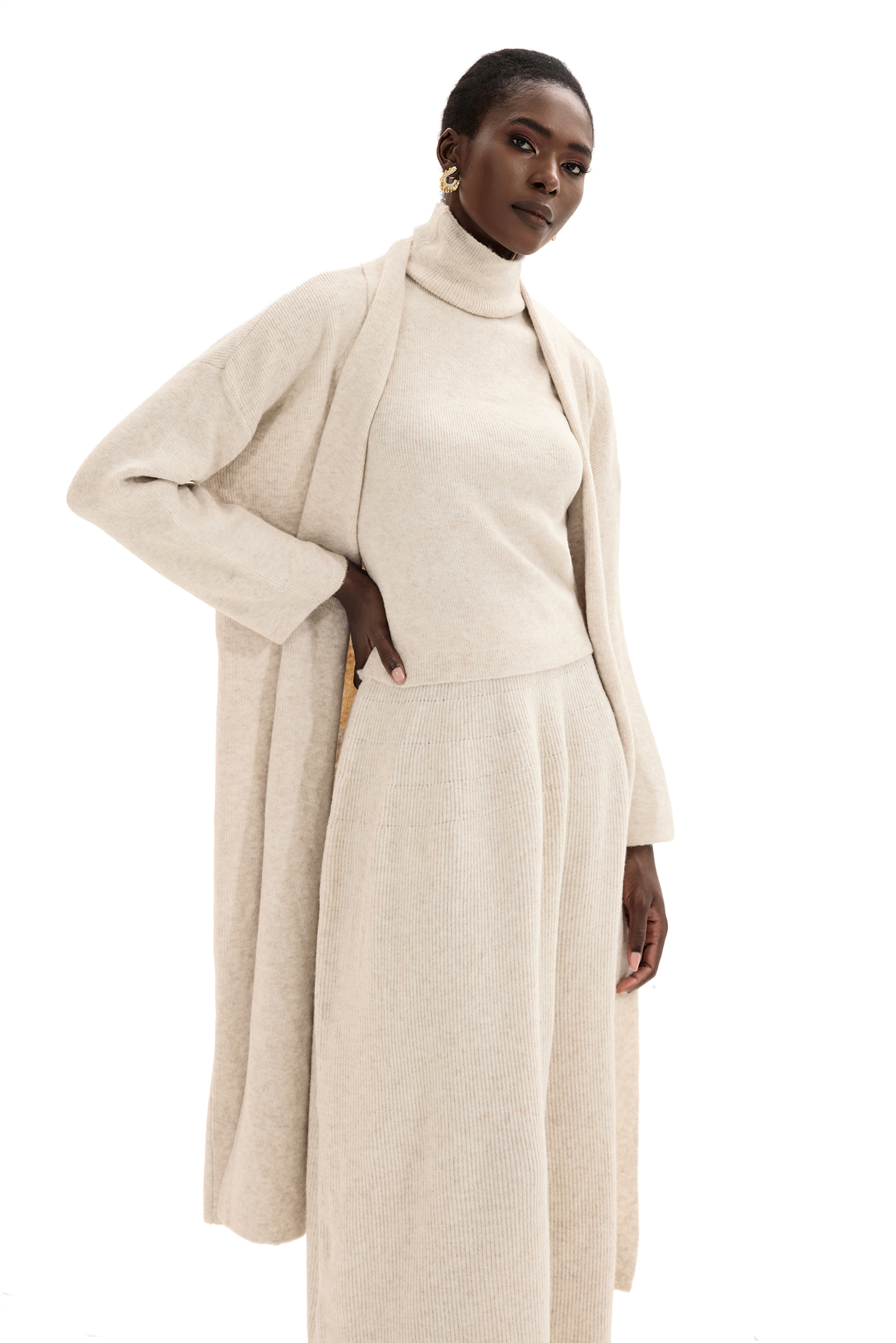 Solid Long Sleeve Cardigan & High Neck Sleeveless Top & Mid Rise Ruffle Hem Maxi Skirt Three-Piece Set