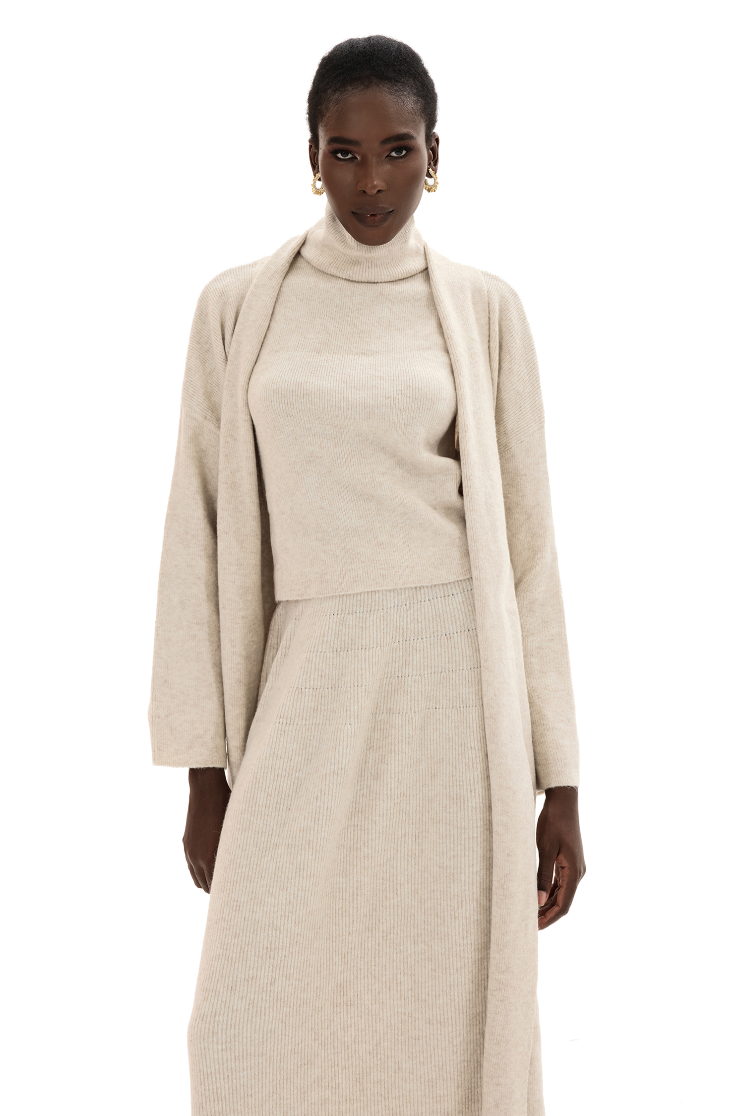 Solid Long Sleeve Cardigan & High Neck Sleeveless Top & Mid Rise Ruffle Hem Maxi Skirt Three-Piece Set