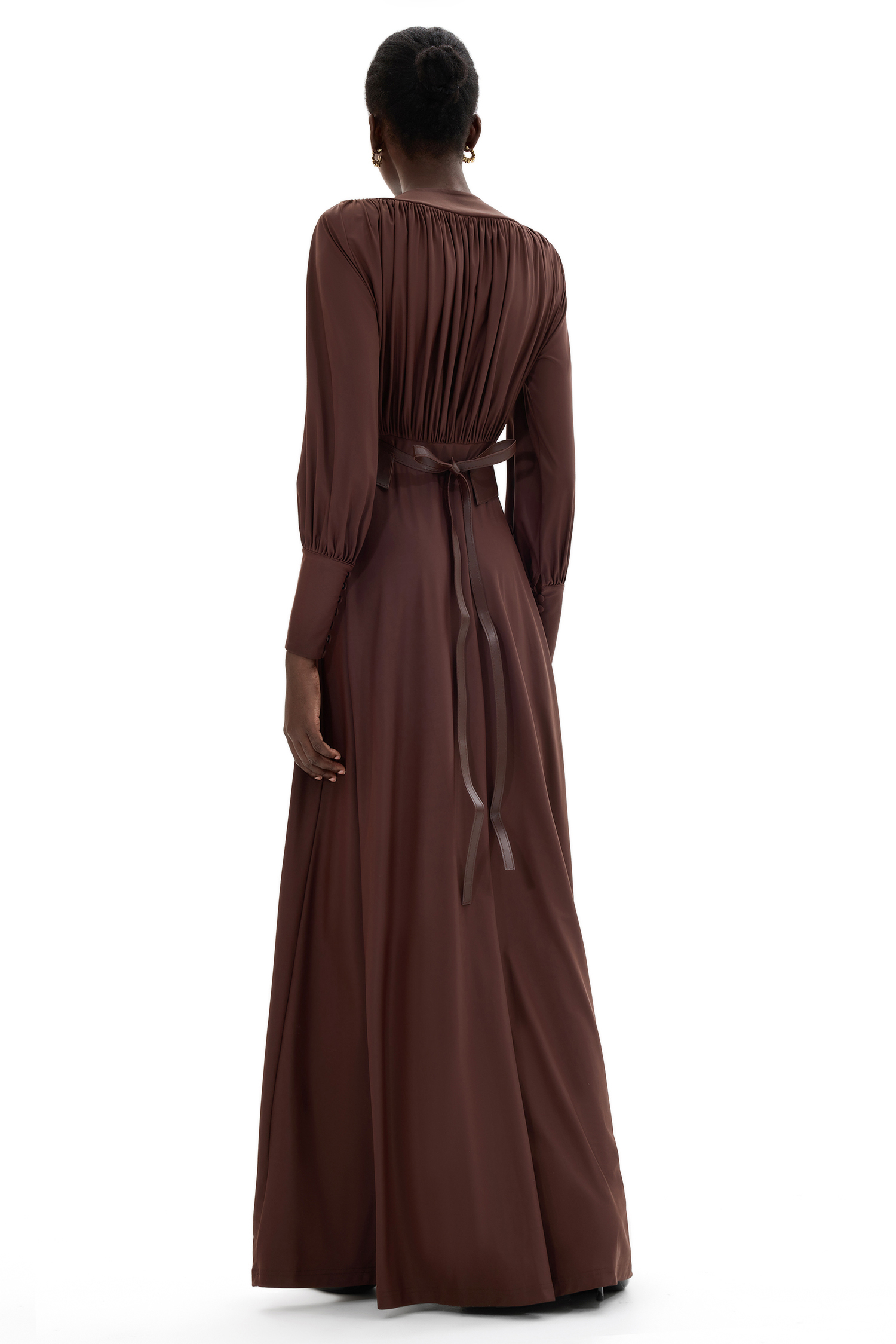 Gathered Long Sleeve Maxi Dress With Belt