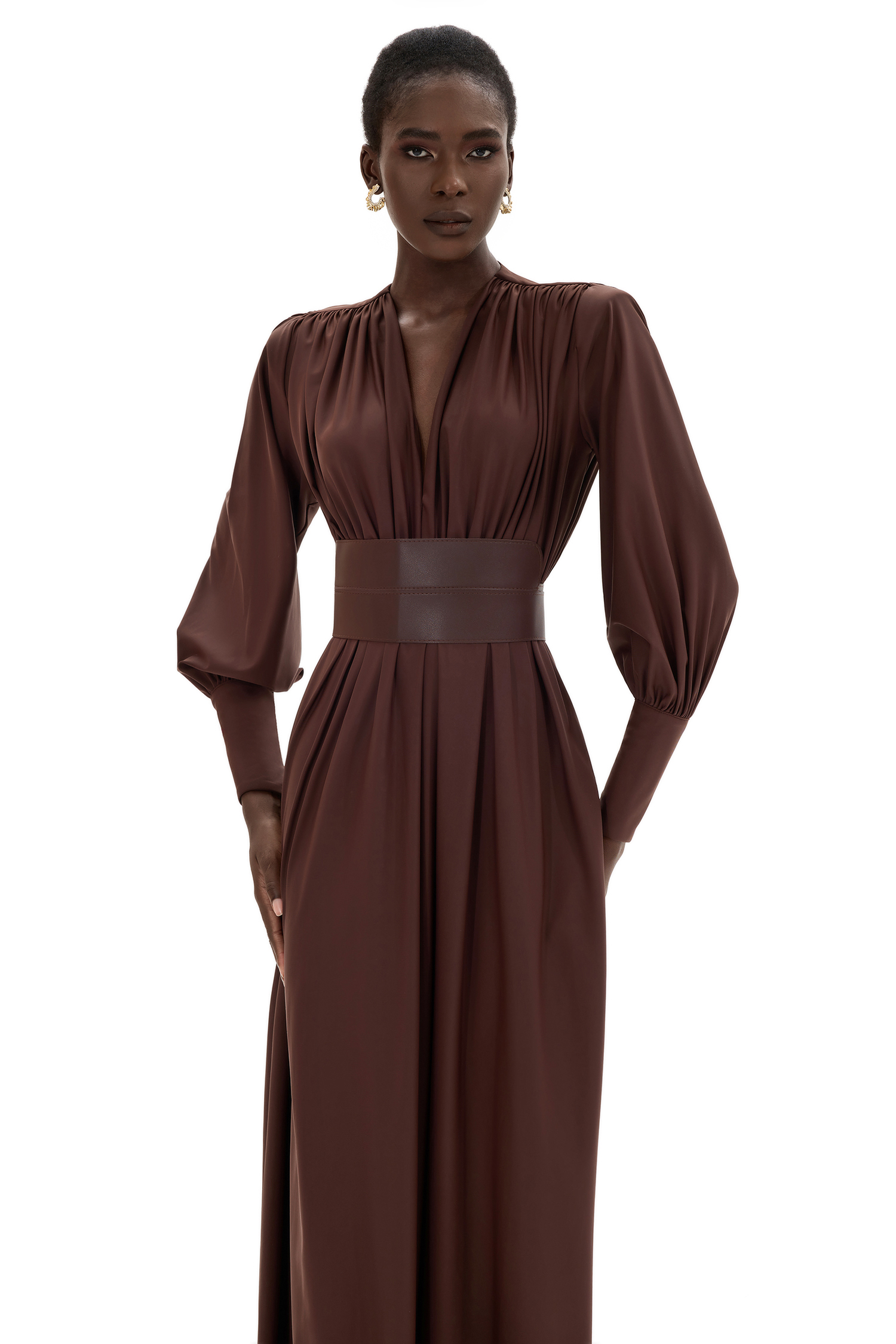 Gathered Long Sleeve Maxi Dress With Belt