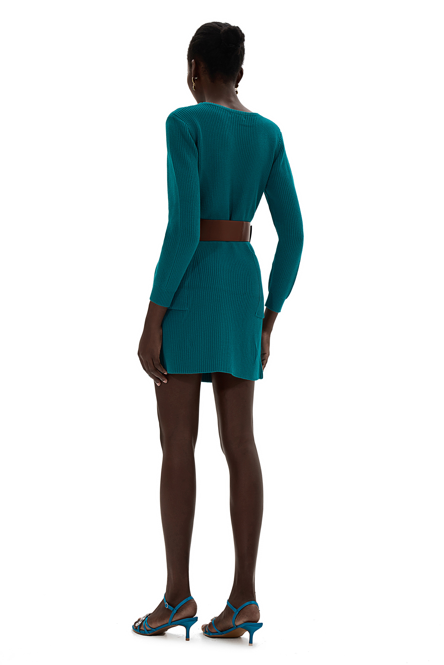 Knit Bottom Long Sleeve Mini Dress With Belt