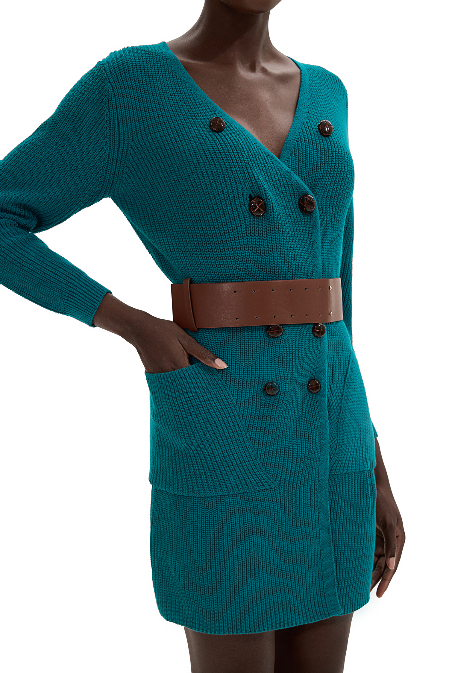 Knit Bottom Long Sleeve Mini Dress With Belt