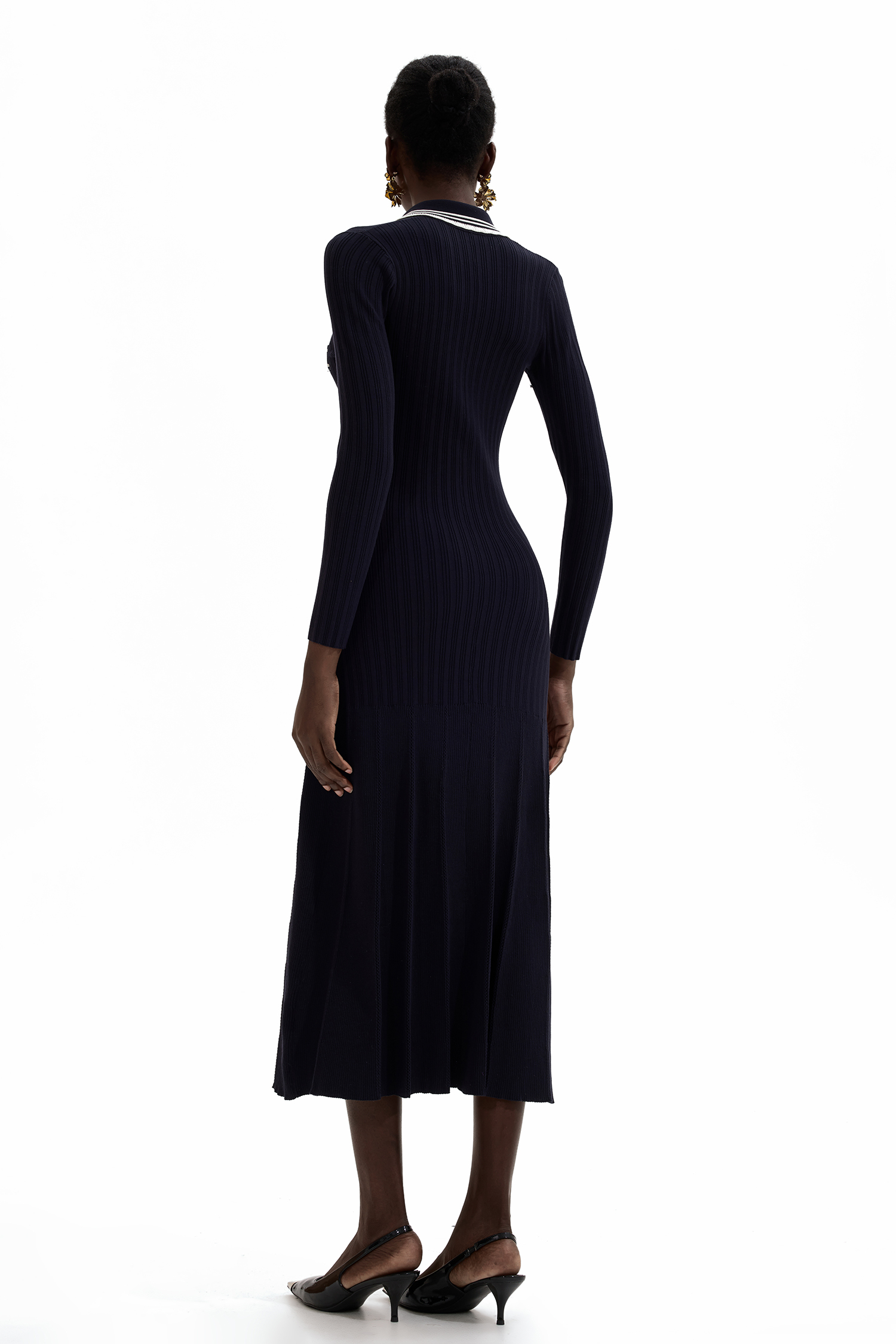 Knit Contrast Color Long Sleeve Midi Dress