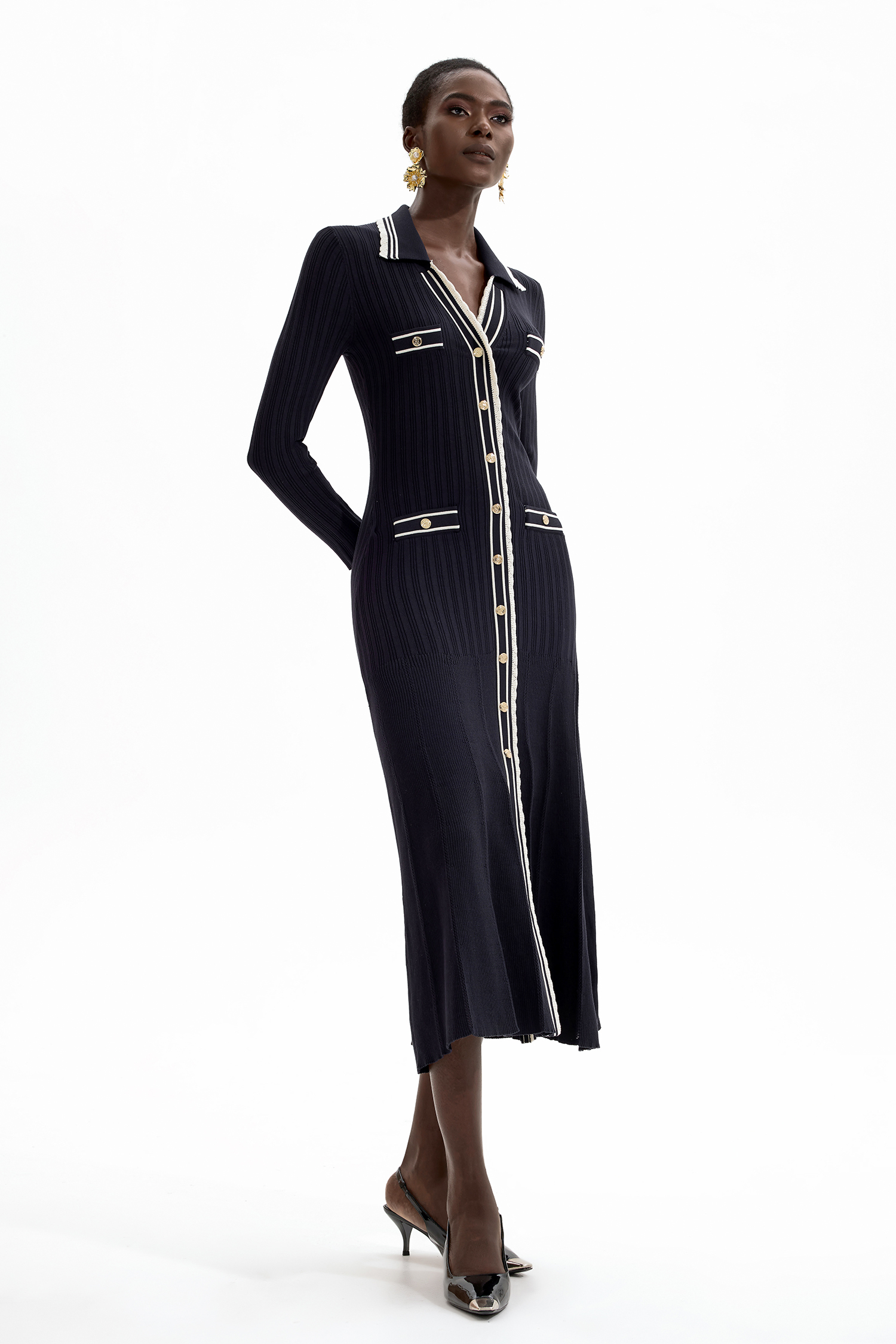 Knit Contrast Color Long Sleeve Midi Dress