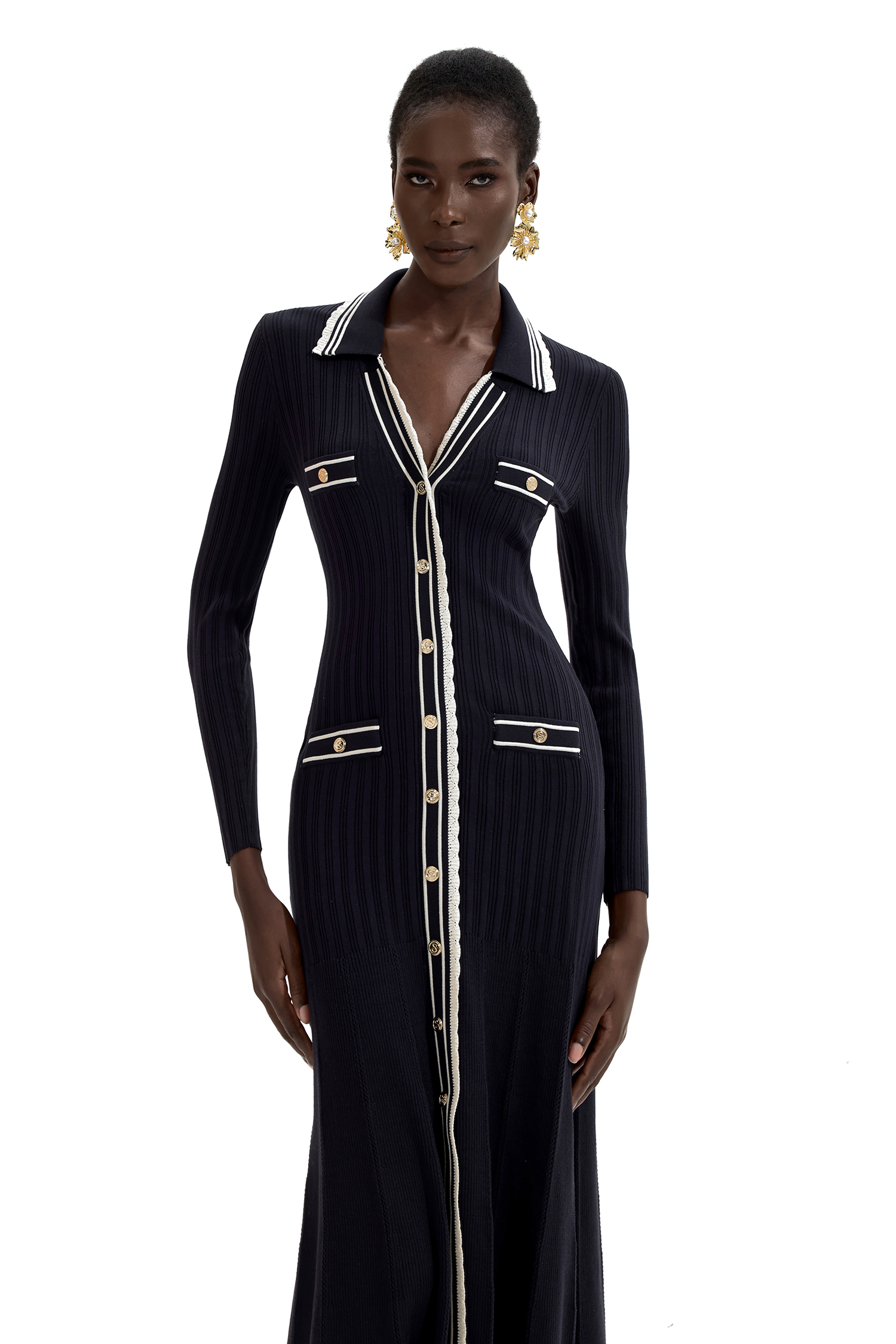 Knit Contrast Color Long Sleeve Midi Dress