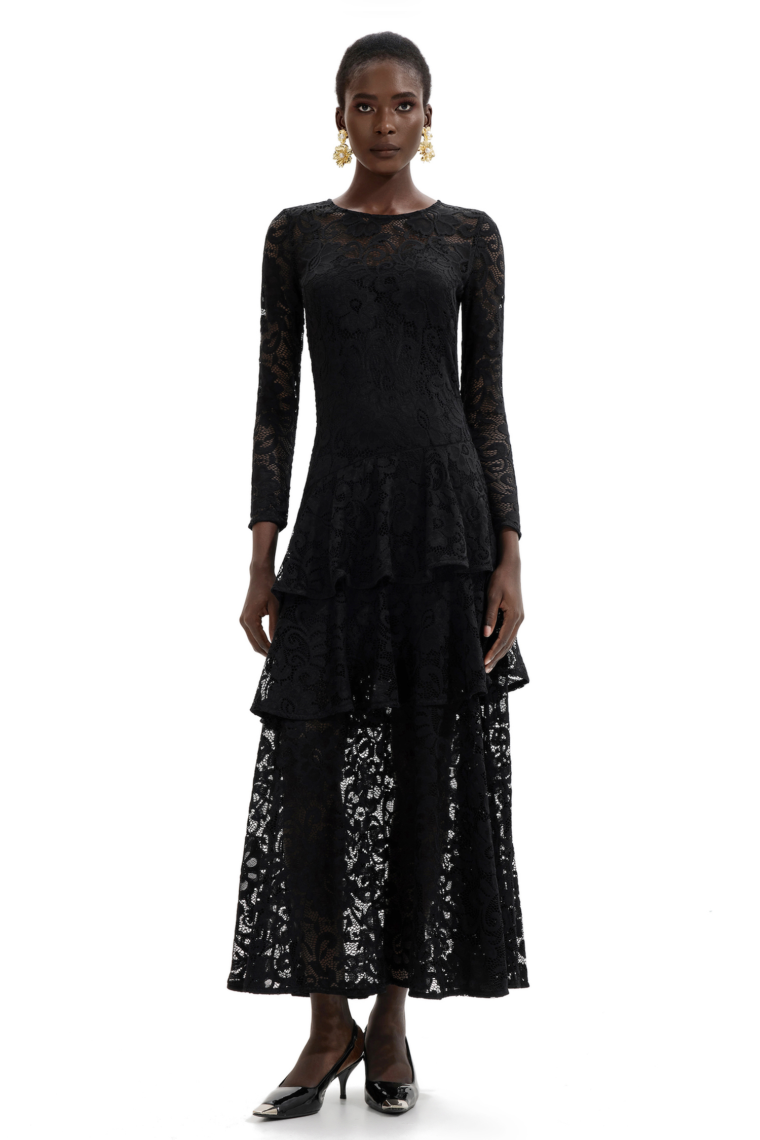 Lace Ruffle Round Neck Midi Dress