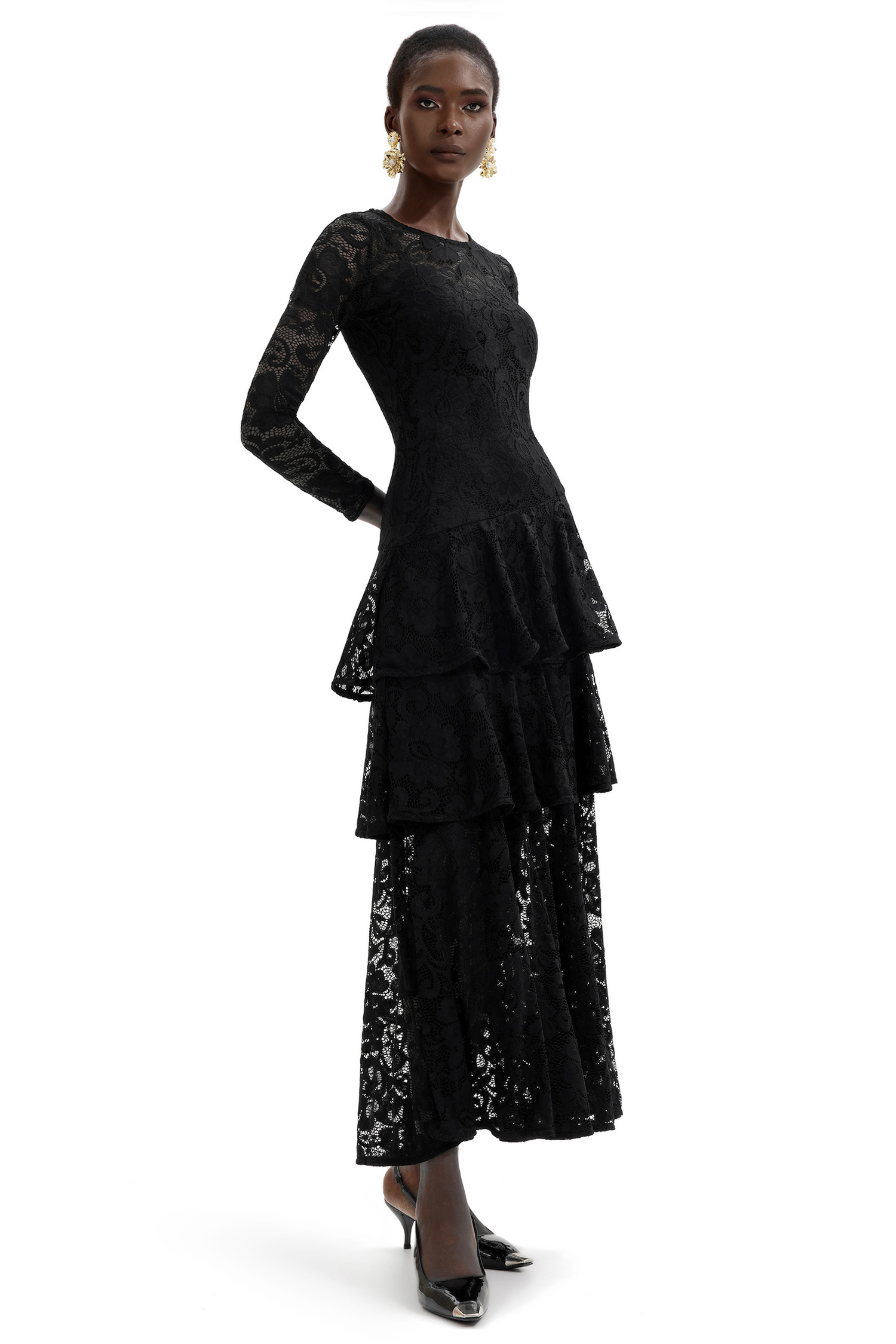 Lace Ruffle Round Neck Midi Dress