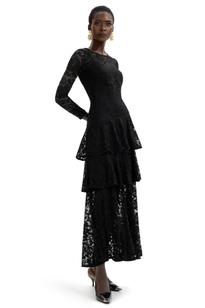 Lace Ruffle Round Neck Midi Dress