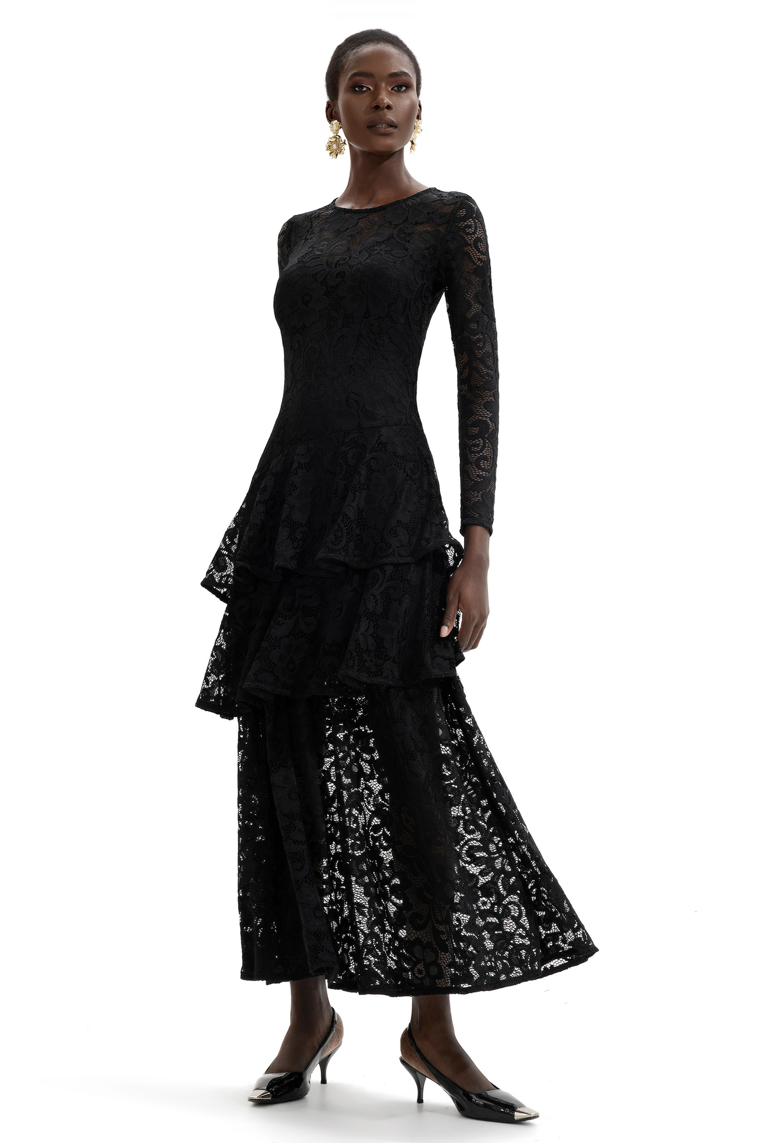 Lace Ruffle Round Neck Midi Dress