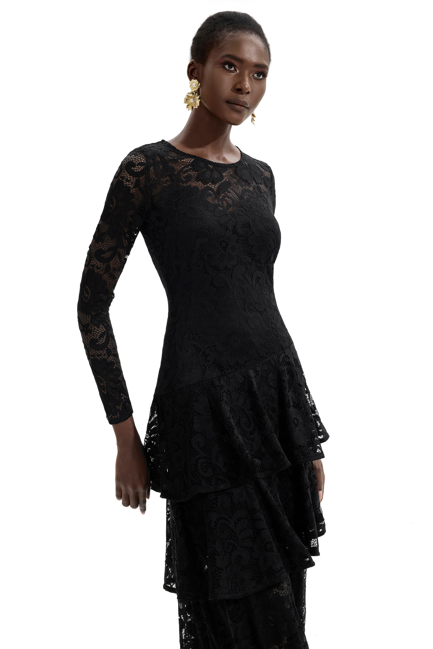 Lace Ruffle Round Neck Midi Dress