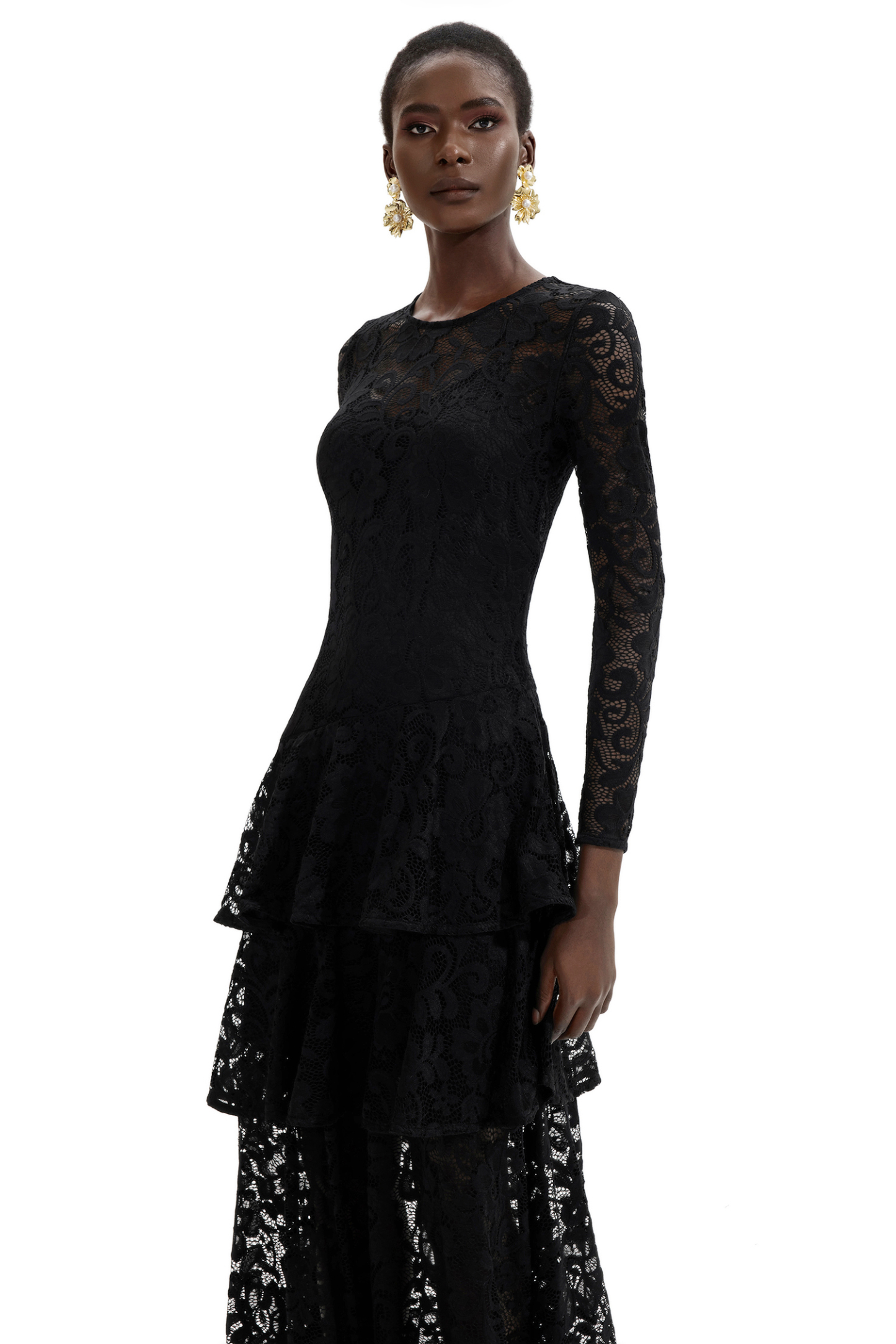 Lace Ruffle Round Neck Midi Dress