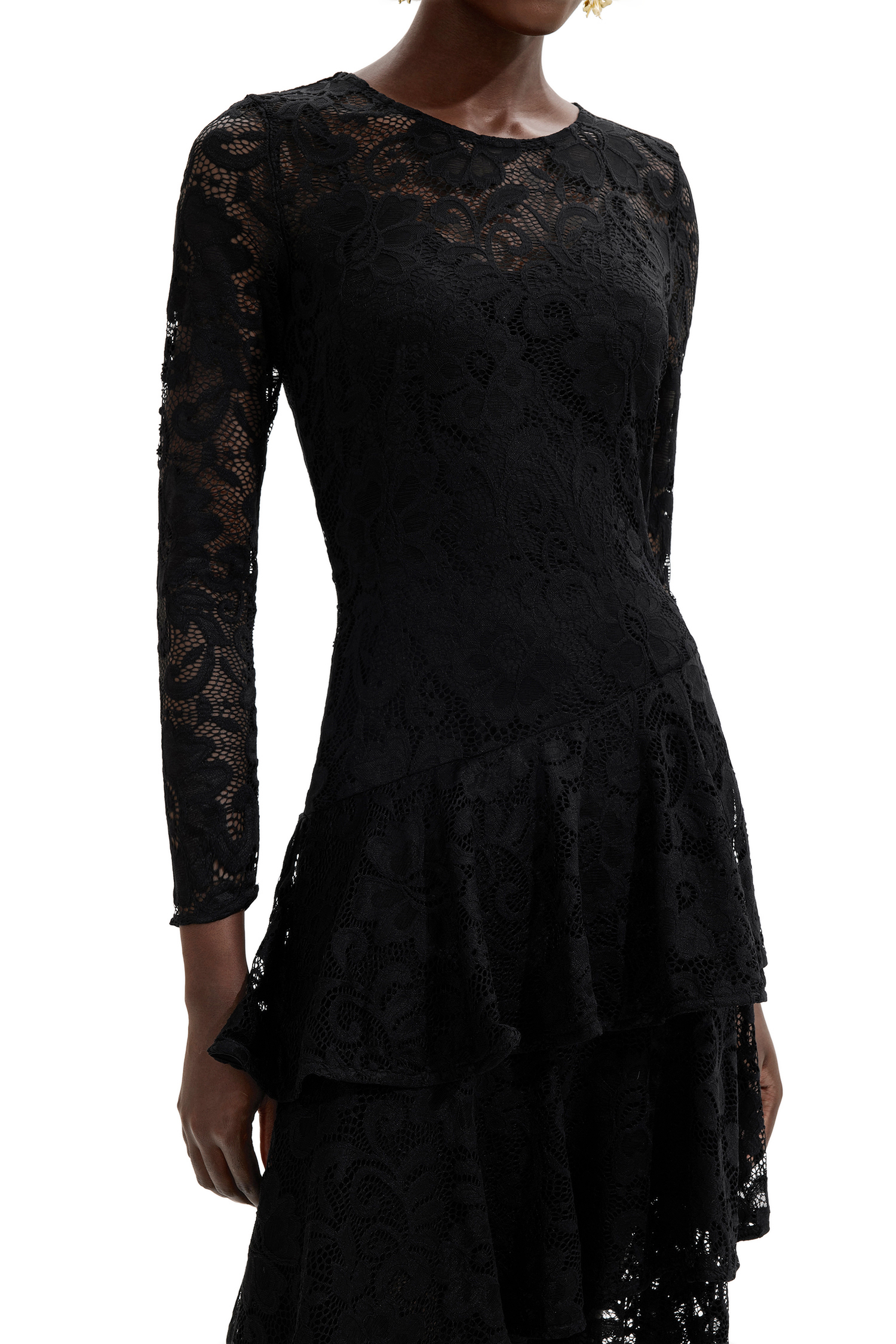 Lace Ruffle Round Neck Midi Dress