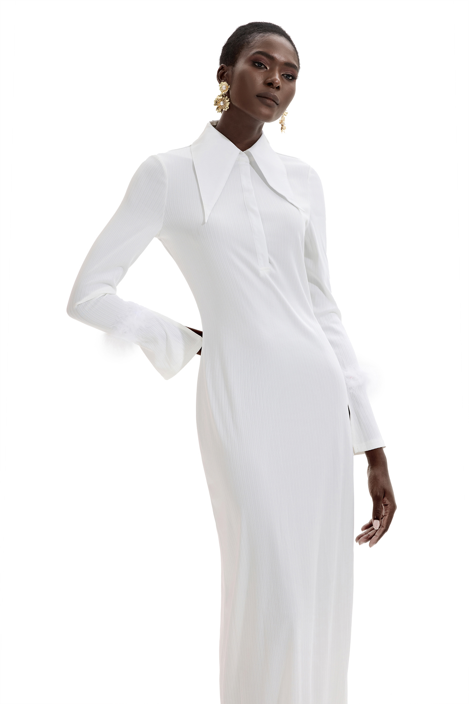 Jersey Feather Long Sleeve Midi Dress