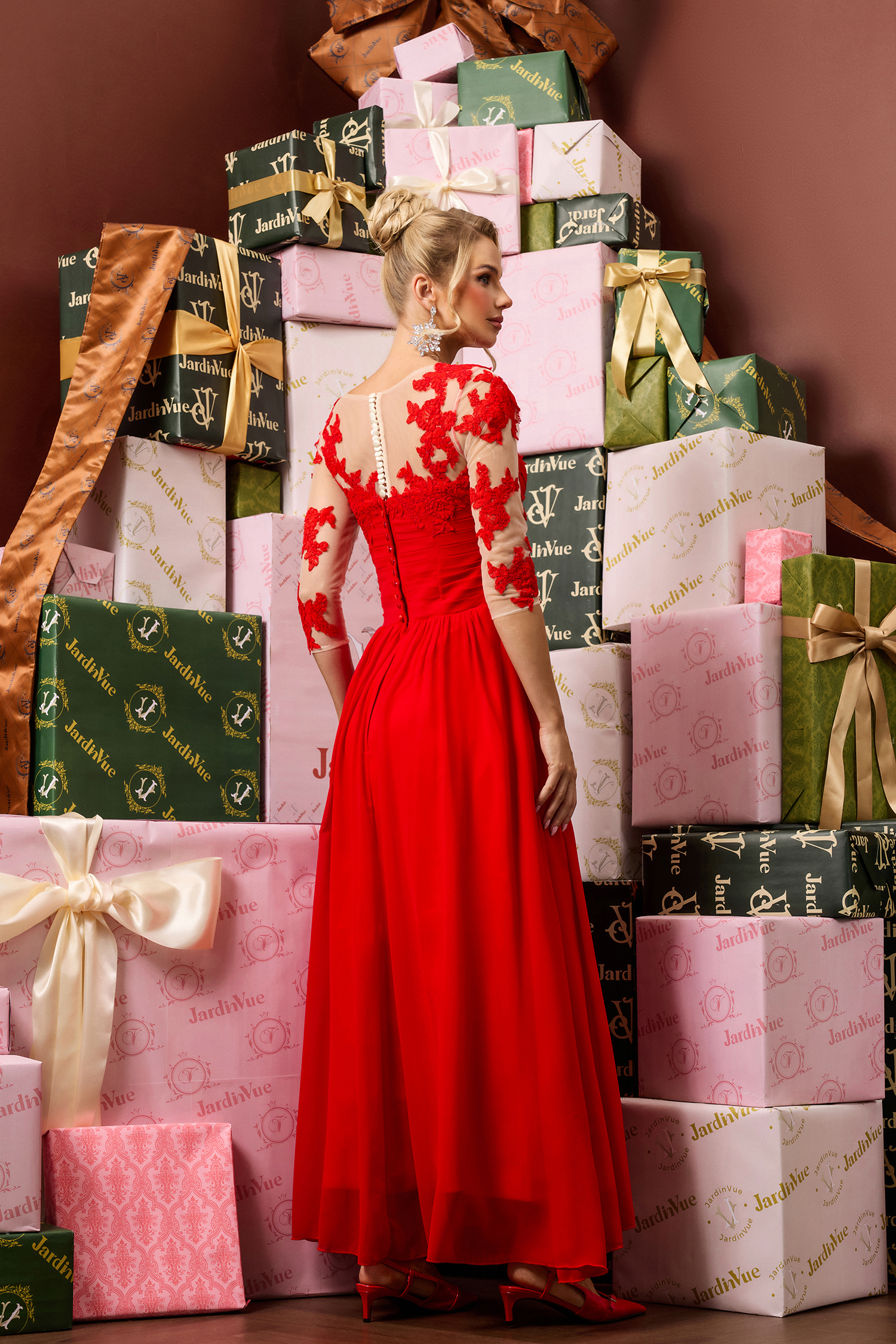 Lace Solid Knotted Midi Dress