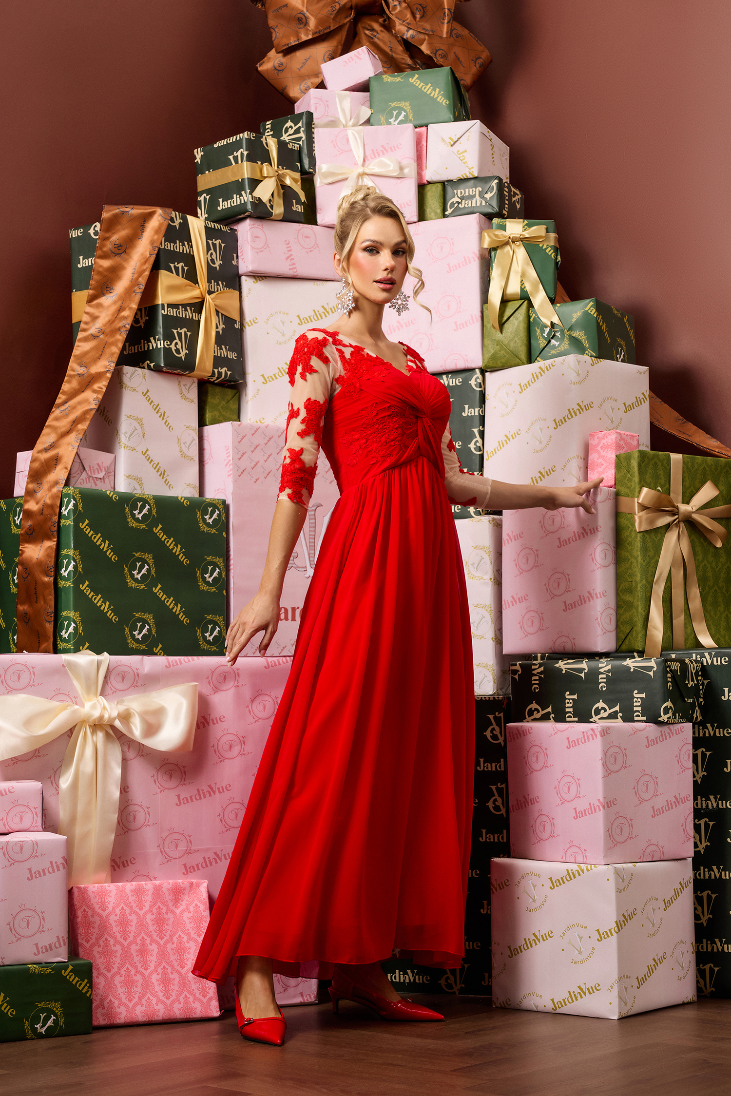 Lace Solid Knotted Midi Dress