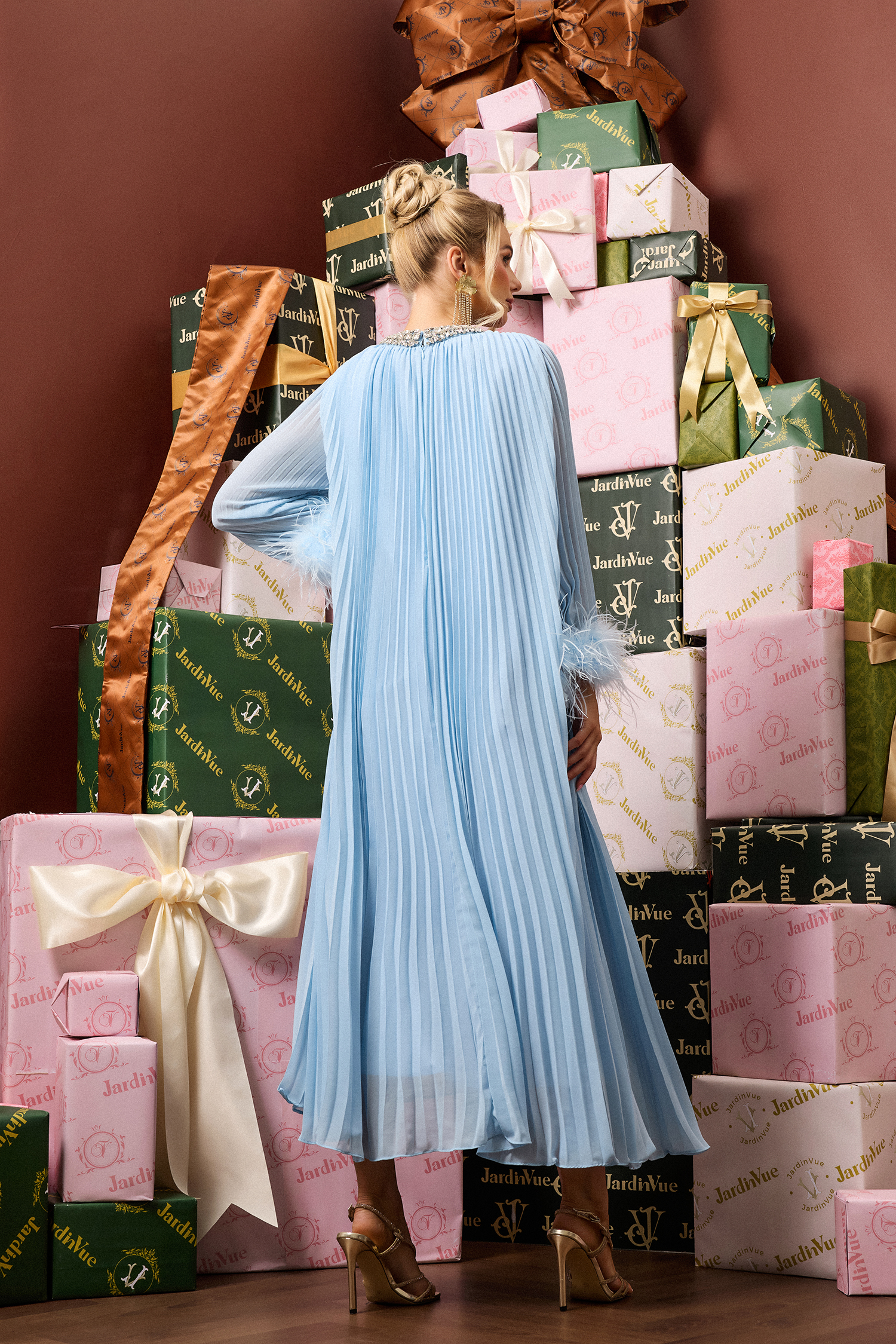 Pleat Feather Rhinestone Midi Dress Blue