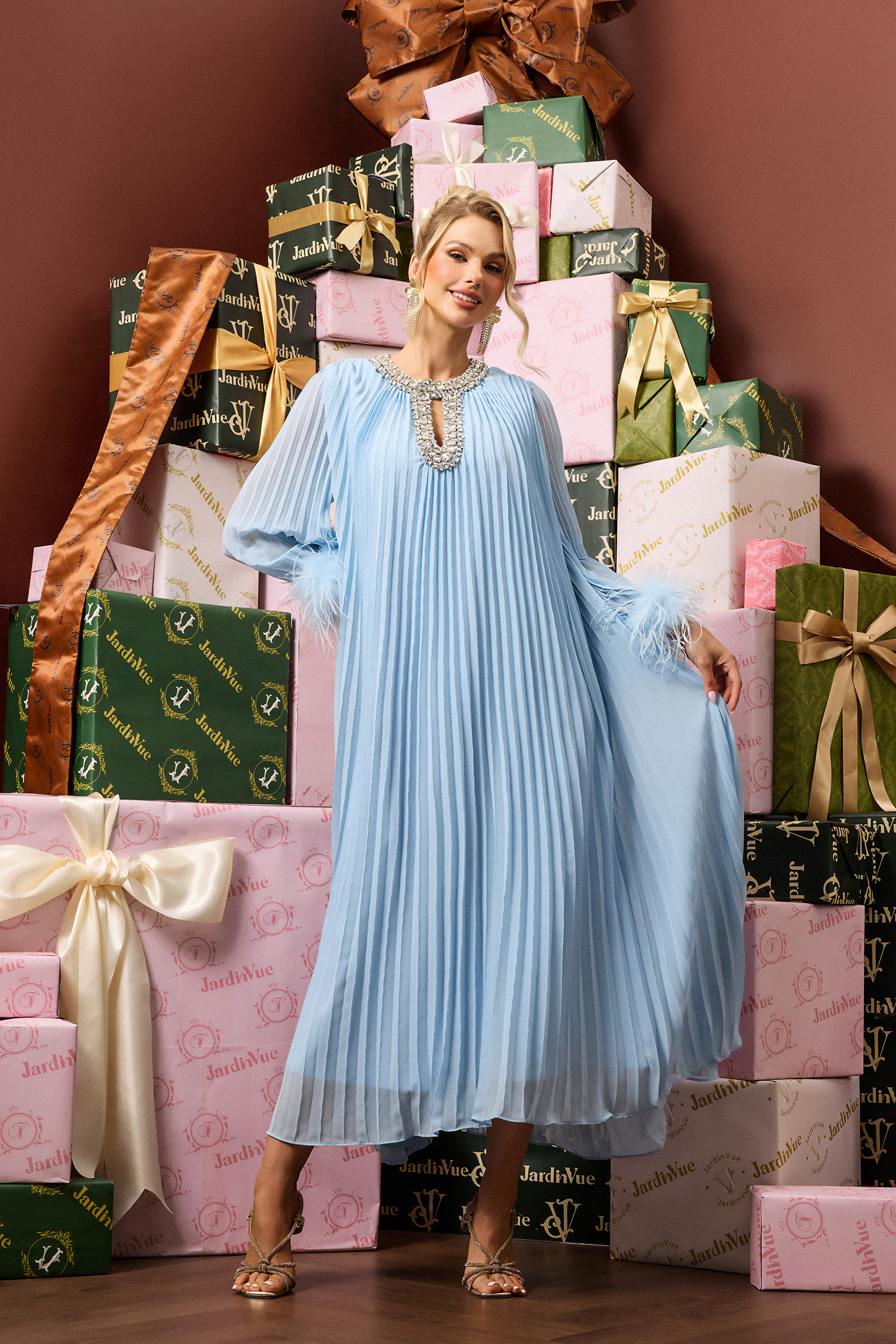 Pleat Feather Rhinestone Midi Dress Blue