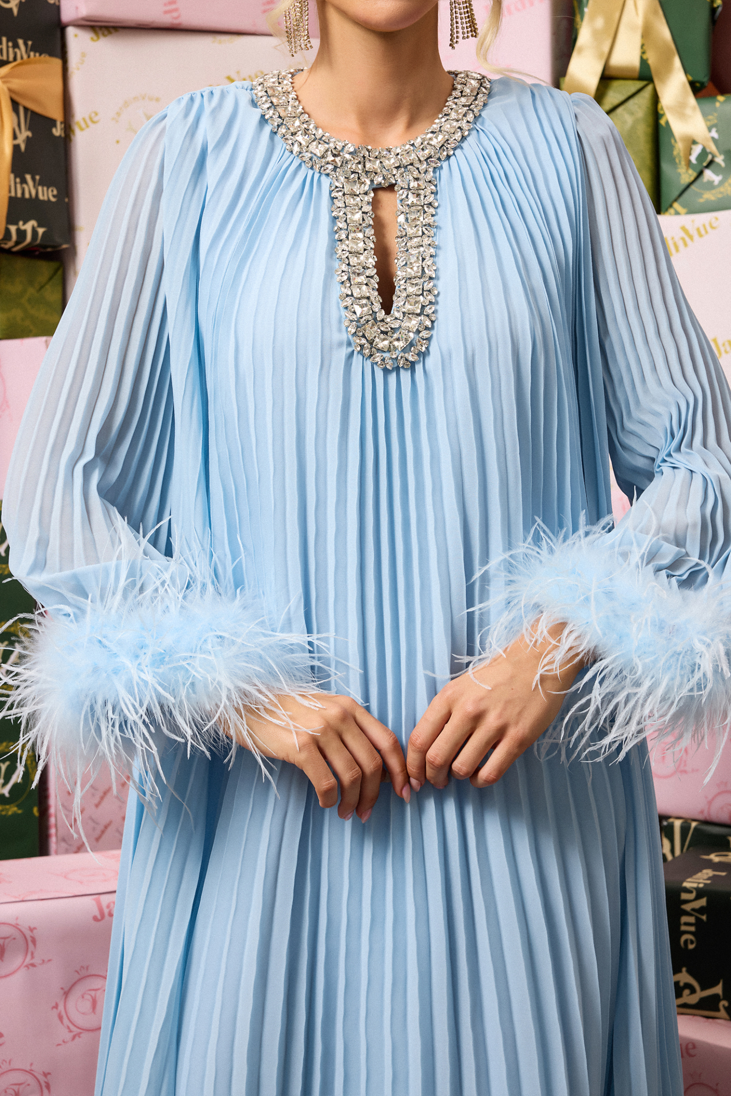 Pleat Feather Rhinestone Midi Dress Blue
