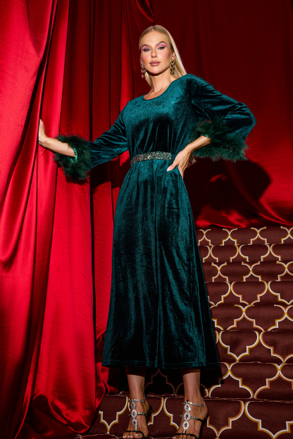 Solid Velvet Feather Midi Dress With Belt