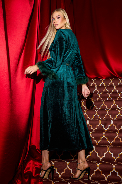 Solid Velvet Feather Midi Dress With Belt