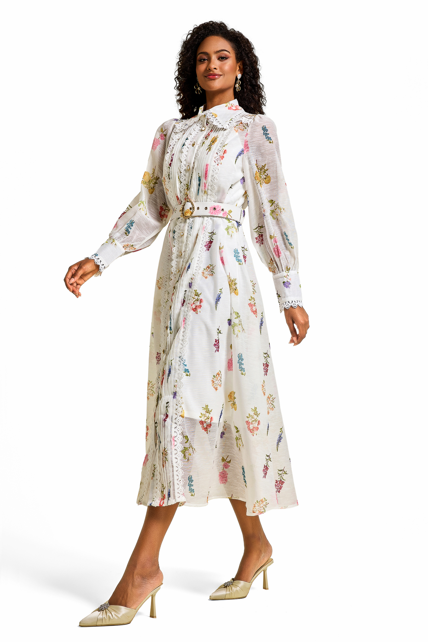 Floral Lace Lantern Sleeve Midi Dress