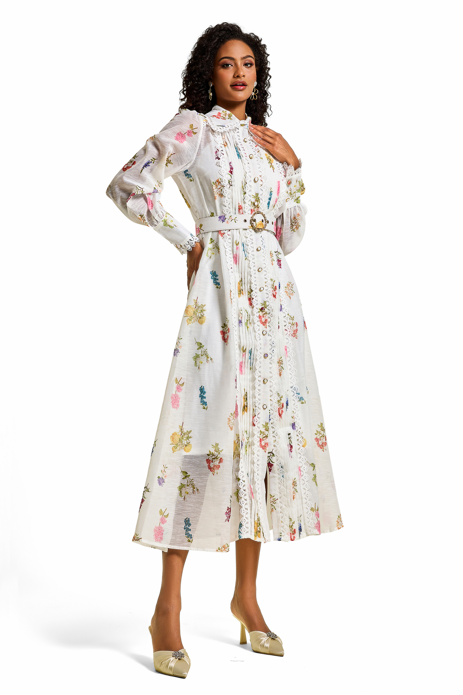 Floral Lace Lantern Sleeve Midi Dress