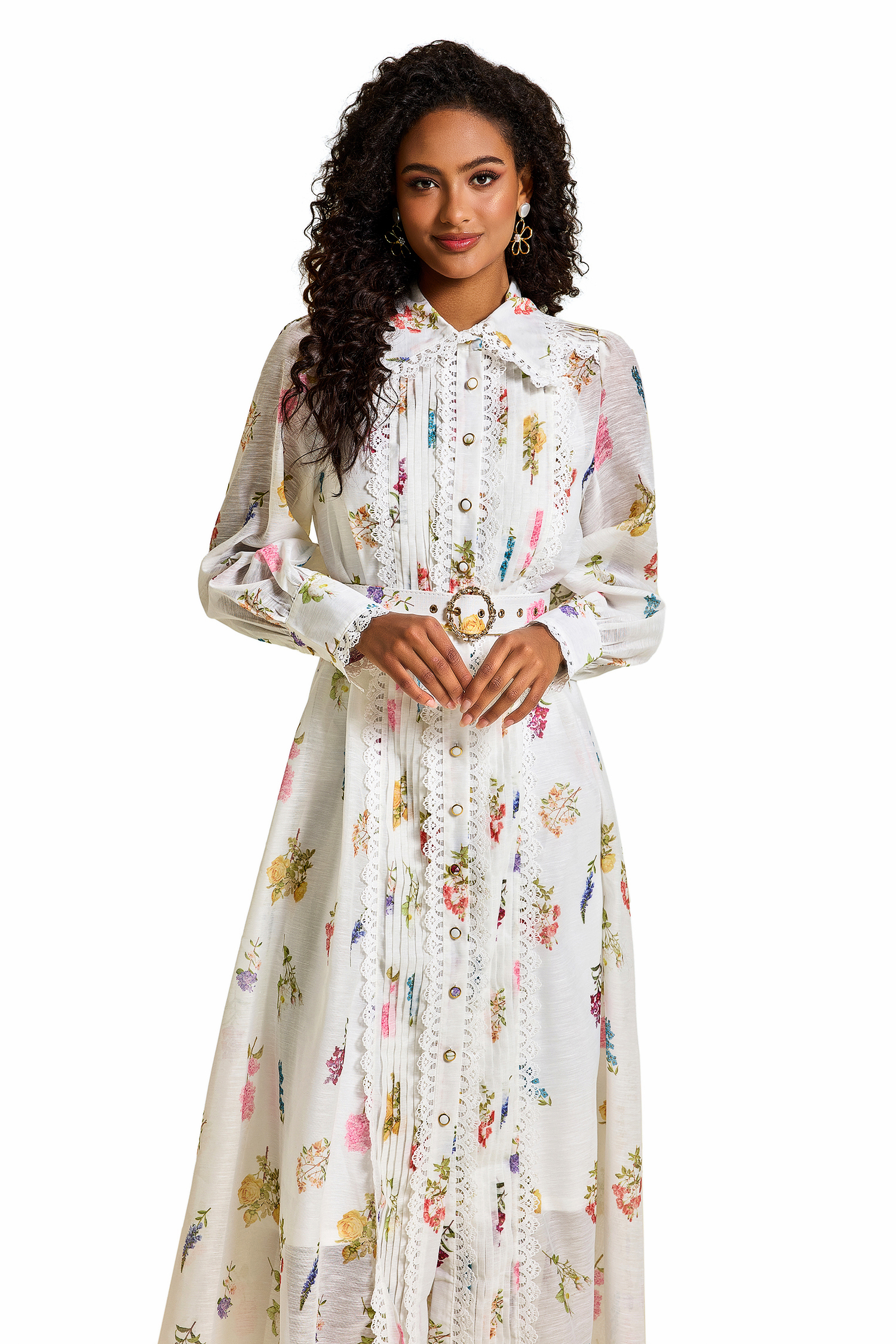 Floral Lace Lantern Sleeve Midi Dress