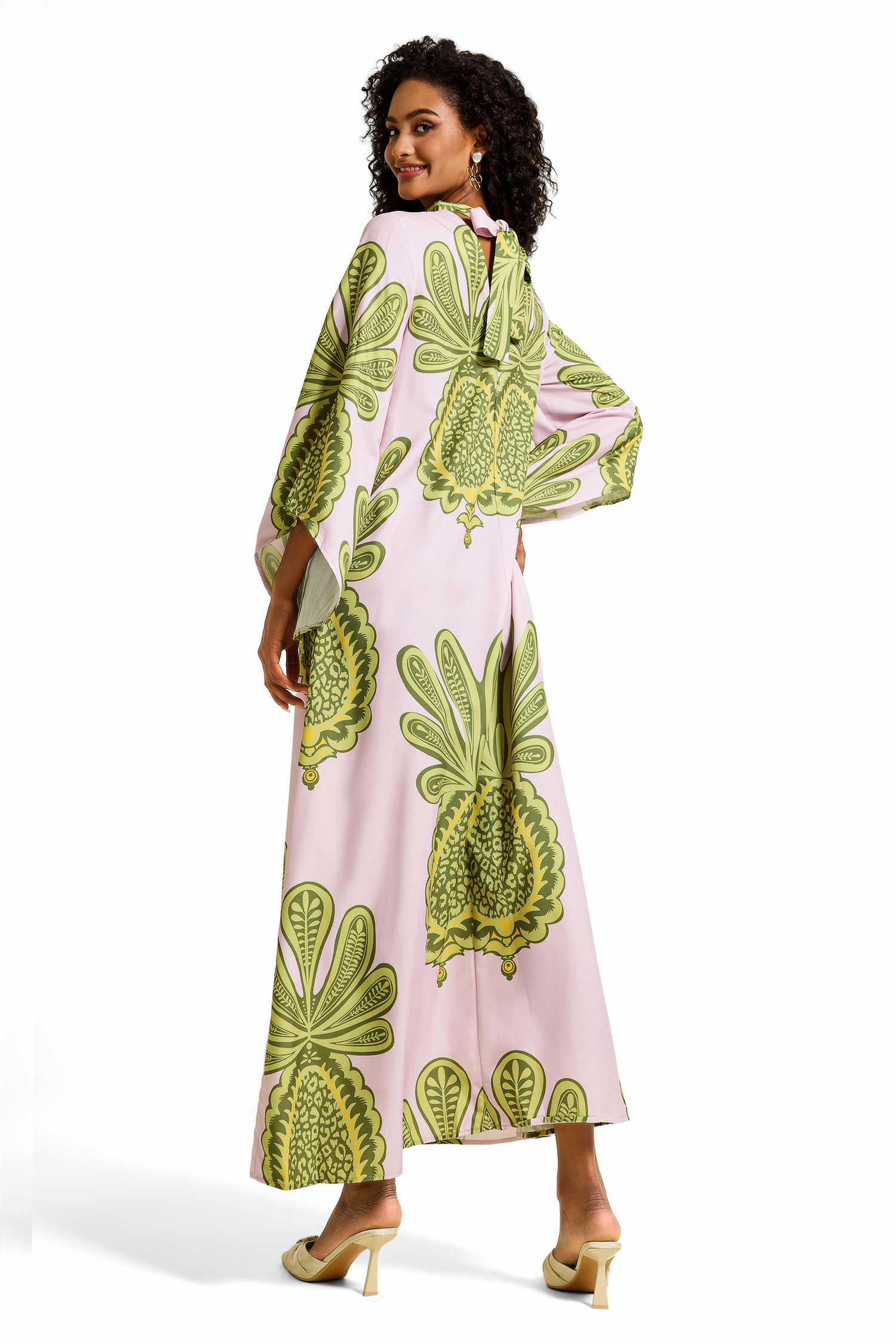 Botanical Print Satin Lace Up Maxi Dress