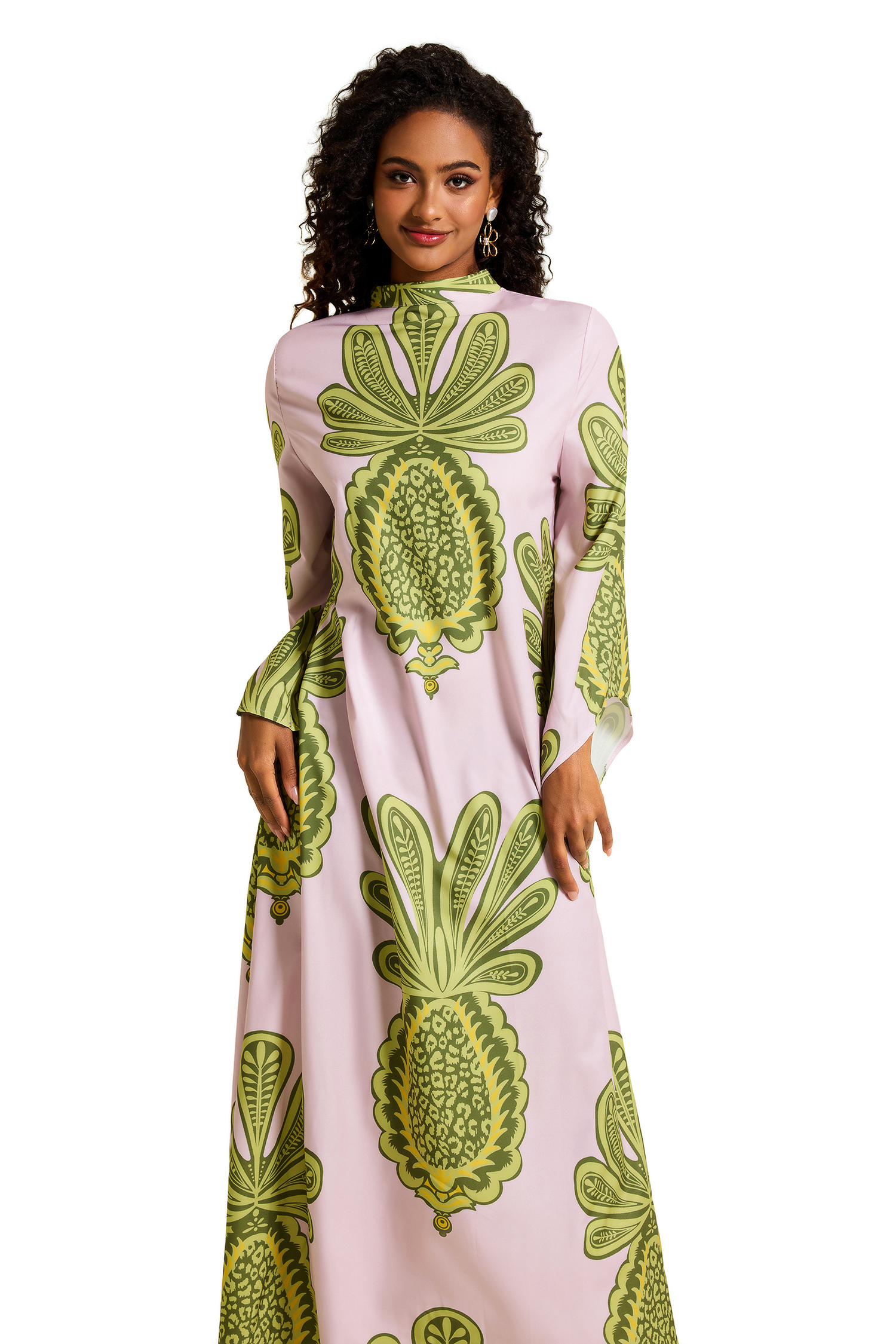 Botanical Print Satin Lace Up Maxi Dress