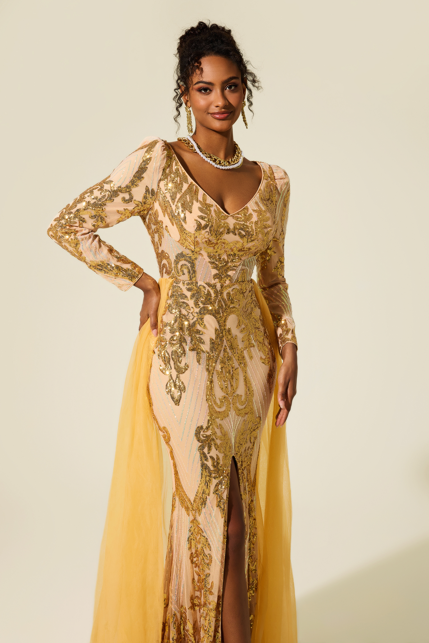 Sequin V-Neck Long Sleeve Cape Maxi Dress