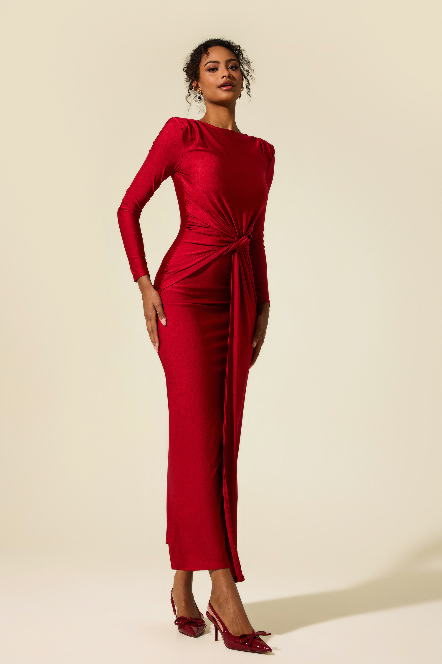 Jersey Solid Ruched Midi Dress