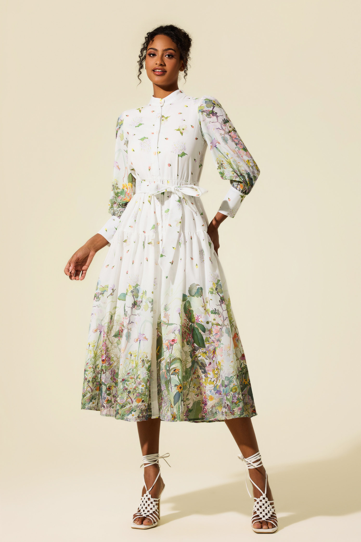 Long Sleeve Floral Stand Collar Midi Dress