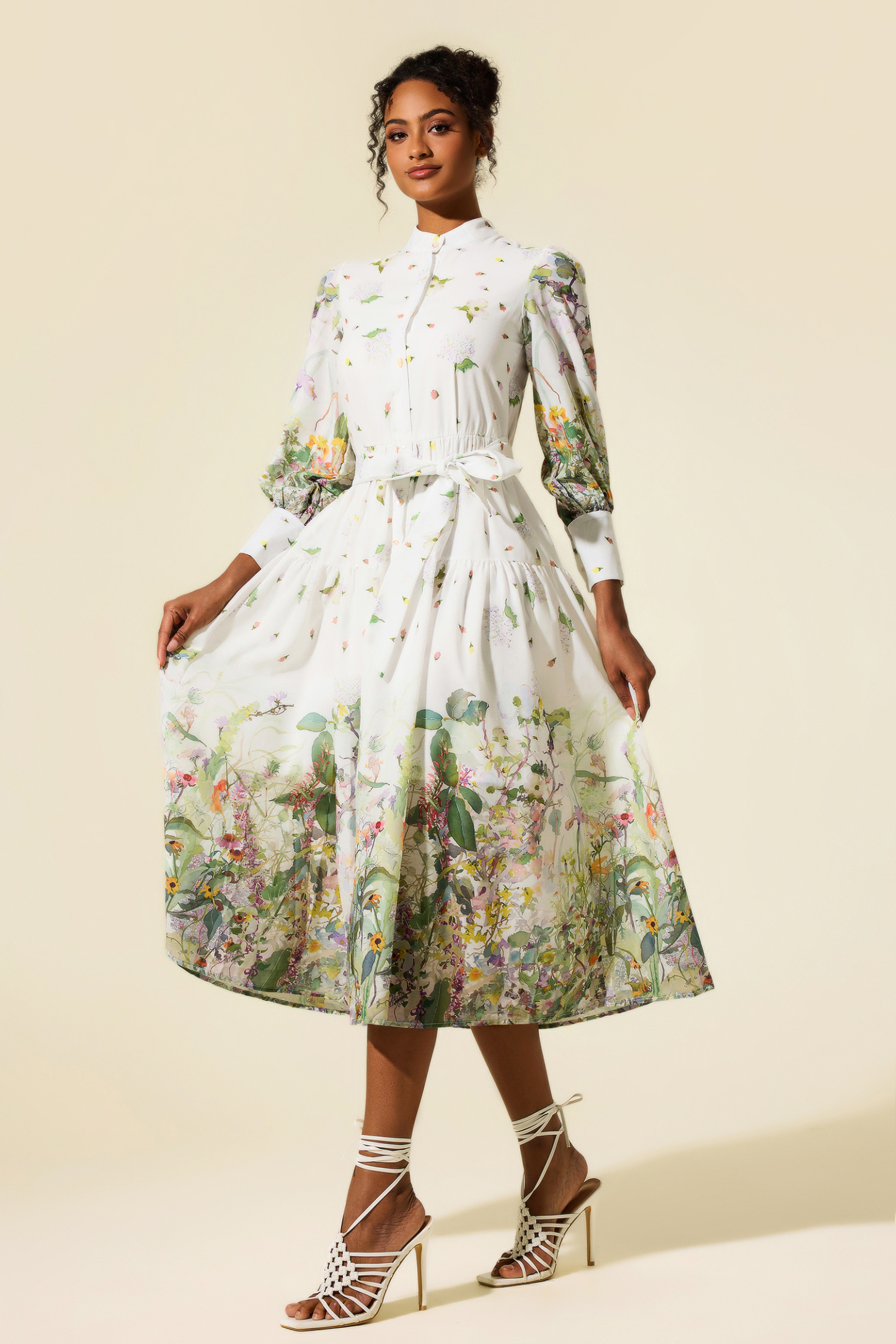 Long Sleeve Floral Stand Collar Midi Dress