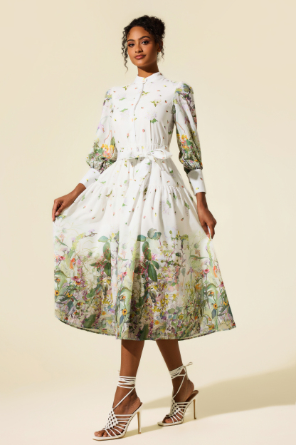 Long Sleeve Floral Stand Collar Midi Dress