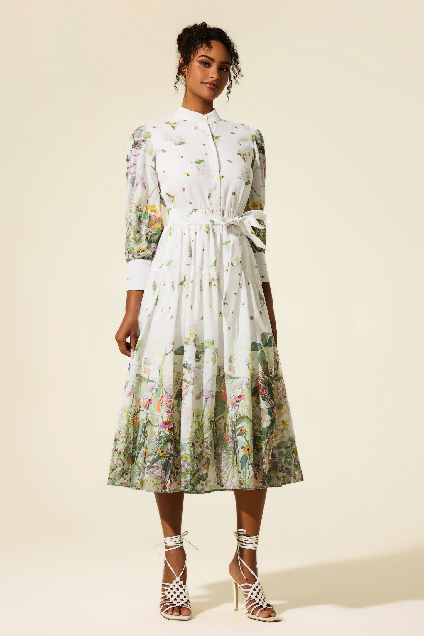 Long Sleeve Floral Stand Collar Midi Dress