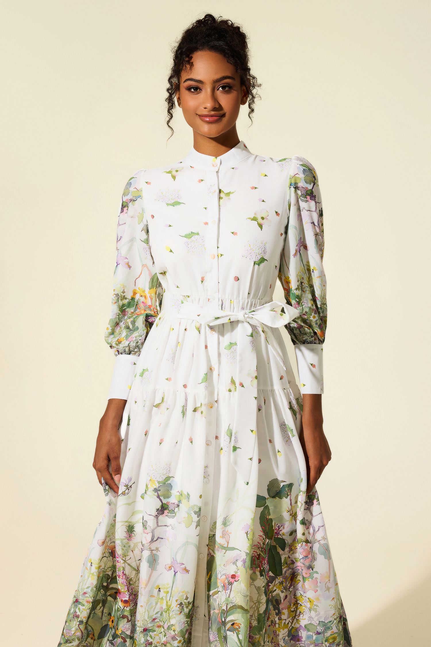Long Sleeve Floral Stand Collar Midi Dress