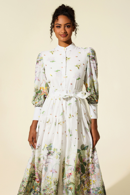 Long Sleeve Floral Stand Collar Midi Dress