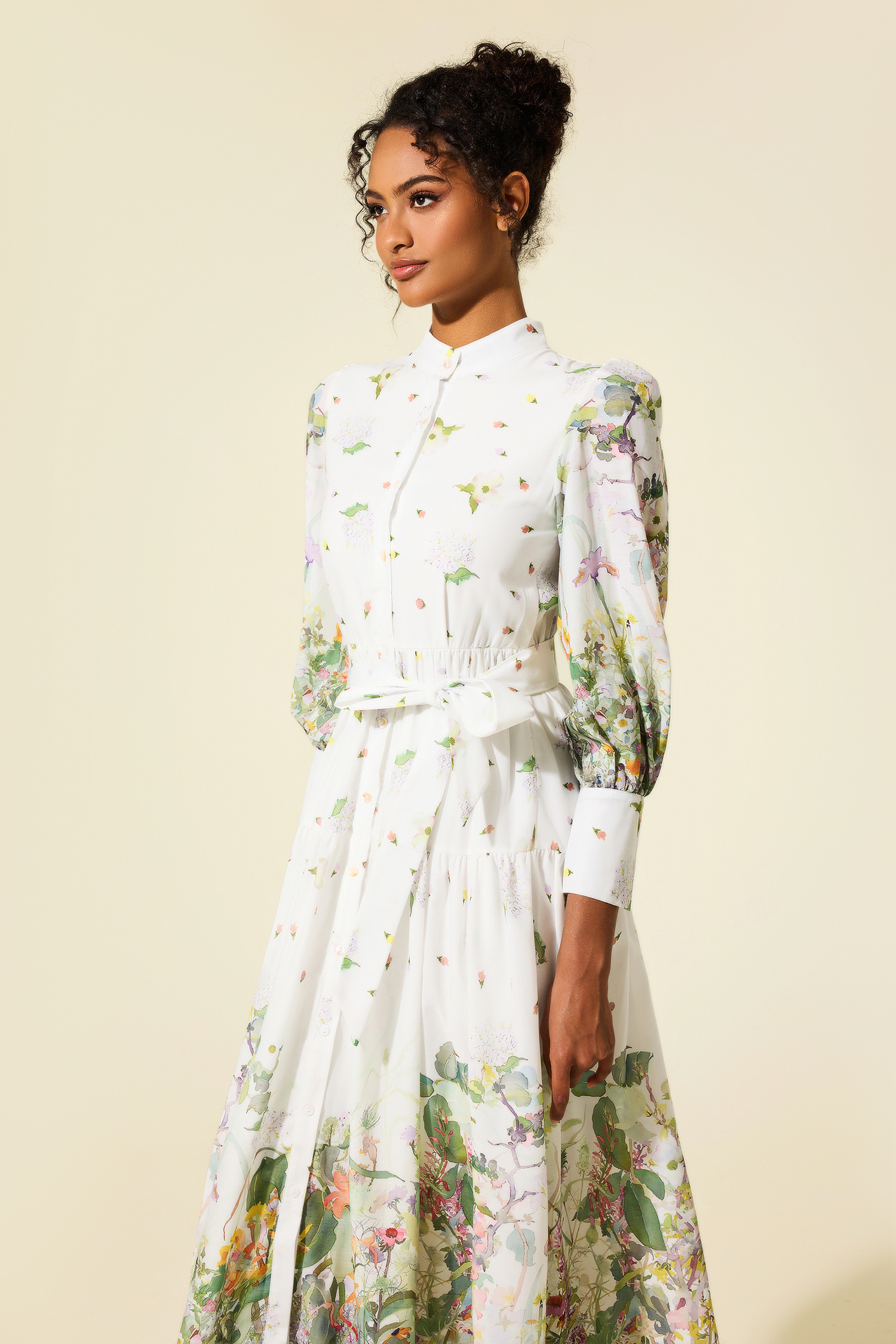 Long Sleeve Floral Stand Collar Midi Dress