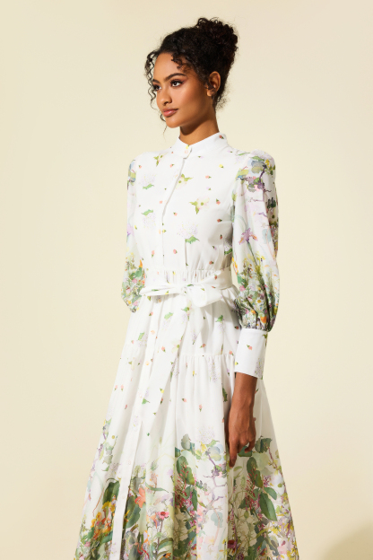Long Sleeve Floral Stand Collar Midi Dress
