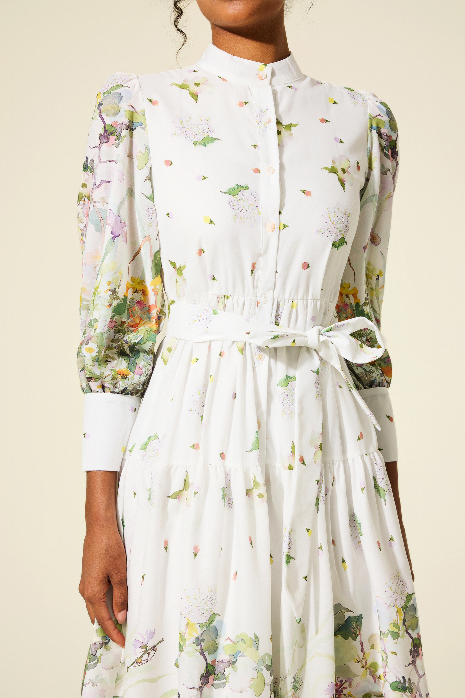 Long Sleeve Floral Stand Collar Midi Dress