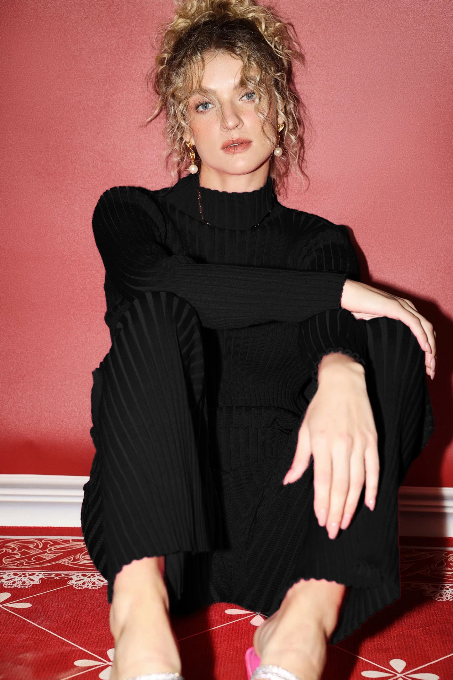 Turtleneck Long Sleeve Knit Sweater Knit Pants Two-piece Set Black