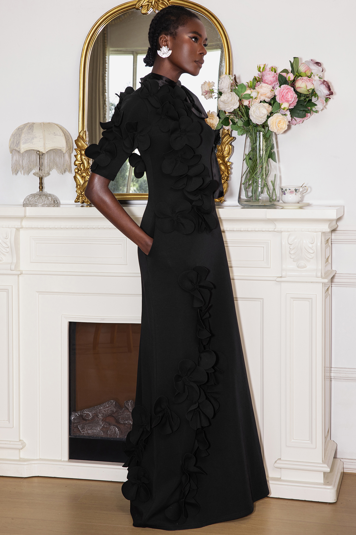 3D Flower Lace Up Mid Sleeve Maxi Dress – JardinVue
