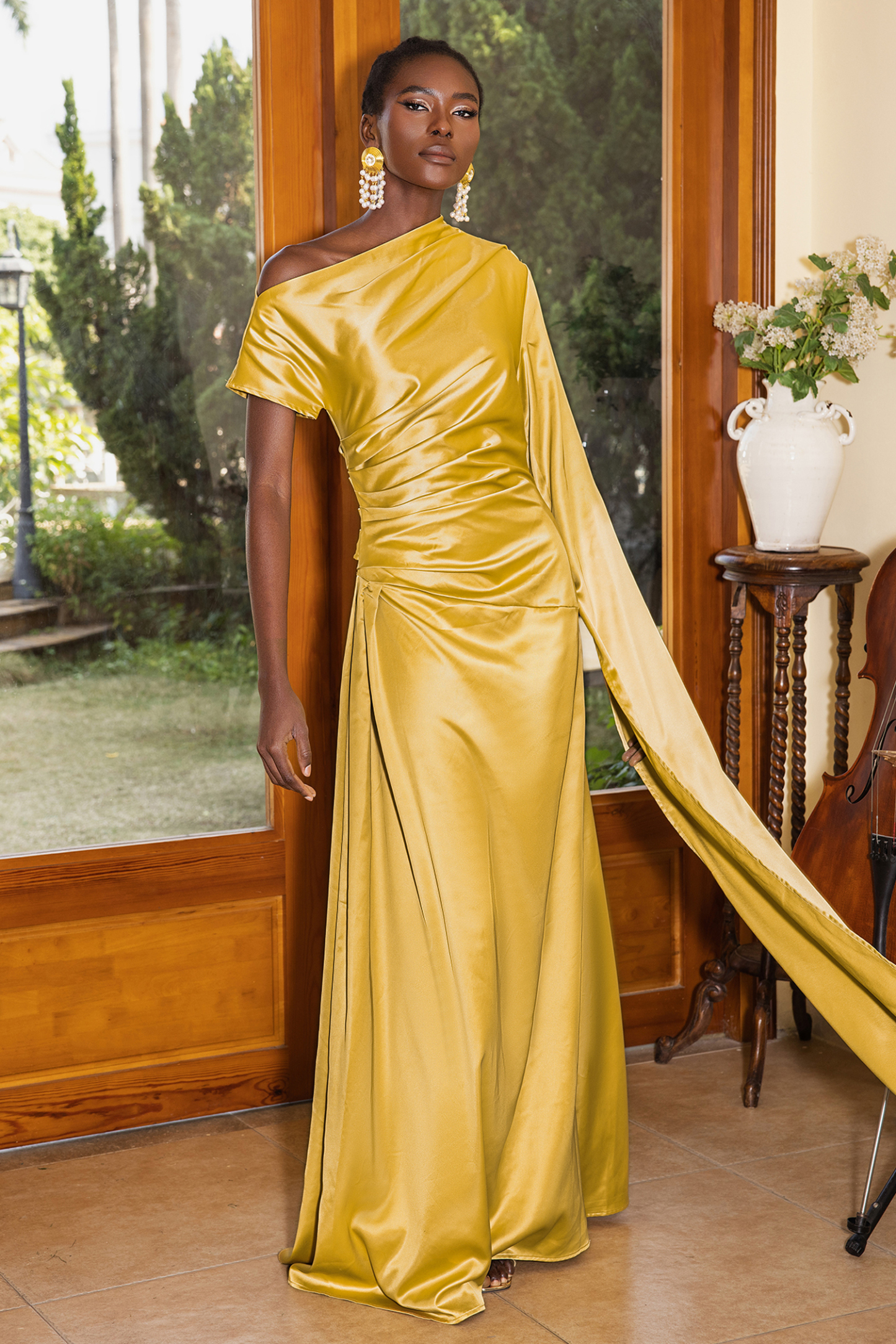 Satin Asymmetrical Neckline Draped Maxi Dress