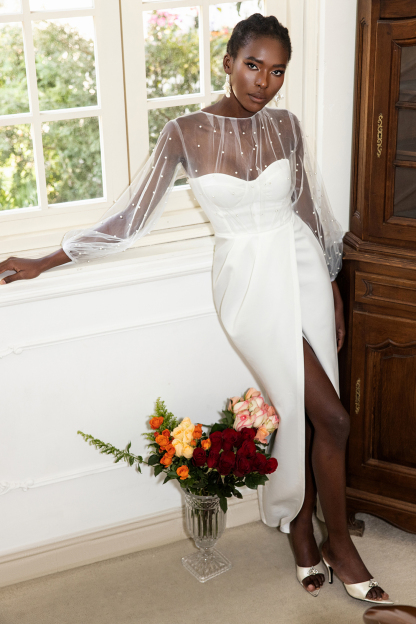 Faux Pearl Lantern Sleeve Midi Dress