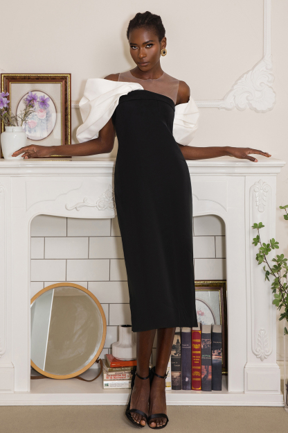 Bow Off-Shoulder Asymmetrical Midi Dress