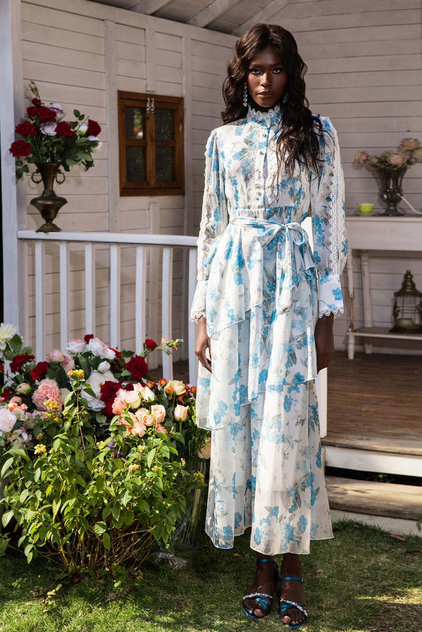 Floral Lantern Sleeve Lace Midi Dress