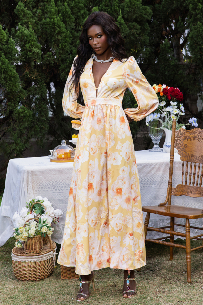 Floral V-Neck Long Sleeve Midi Dress