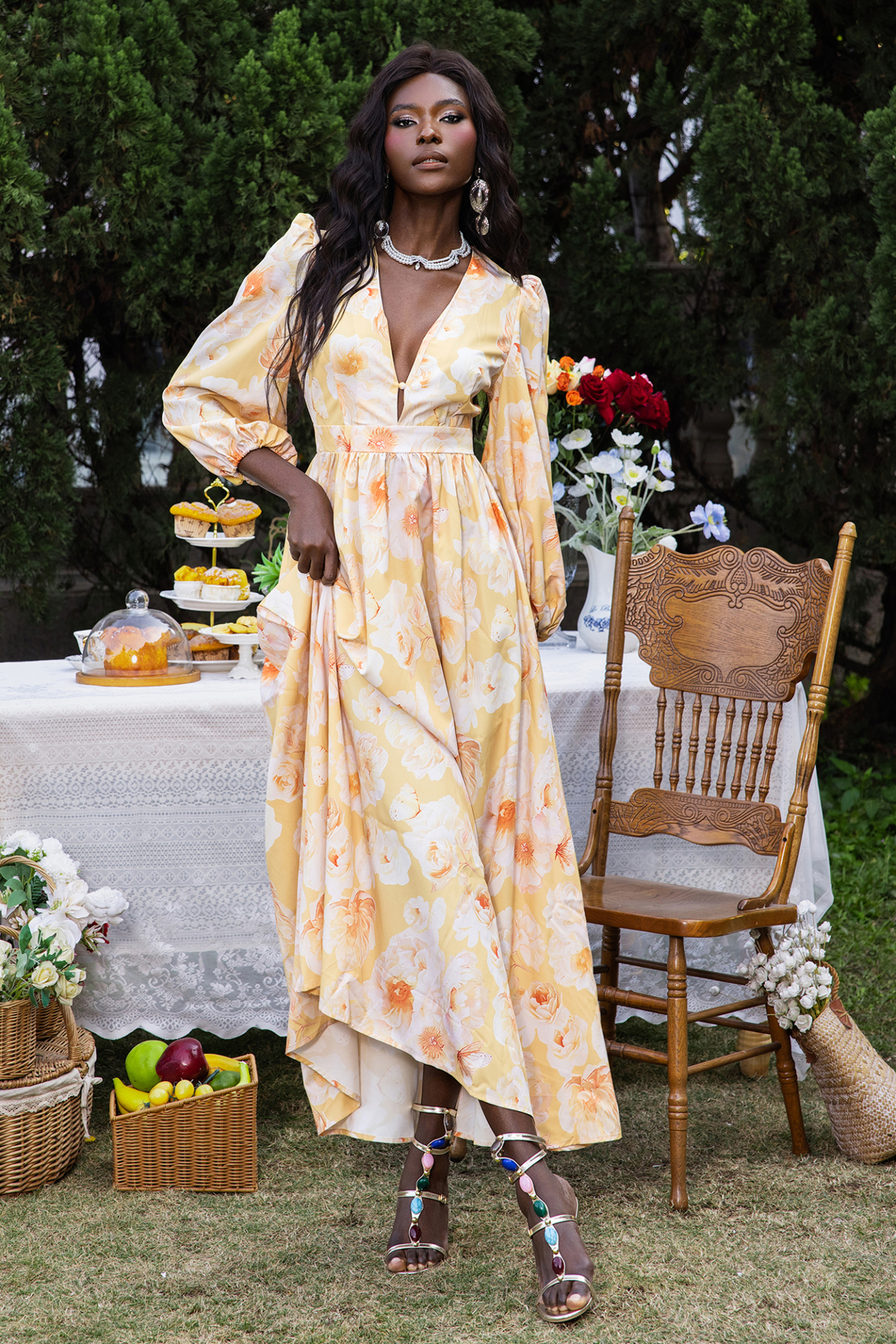 Floral V-Neck Long Sleeve Midi Dress